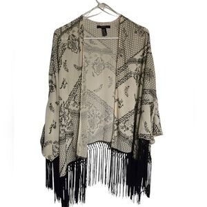 Forever 21 Sheer Kimono 3/4 Sleeve Fringe Open Top S/M